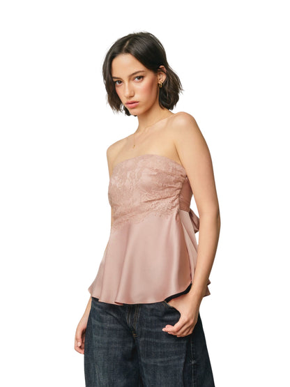Satin Lace Strapless Flared Top