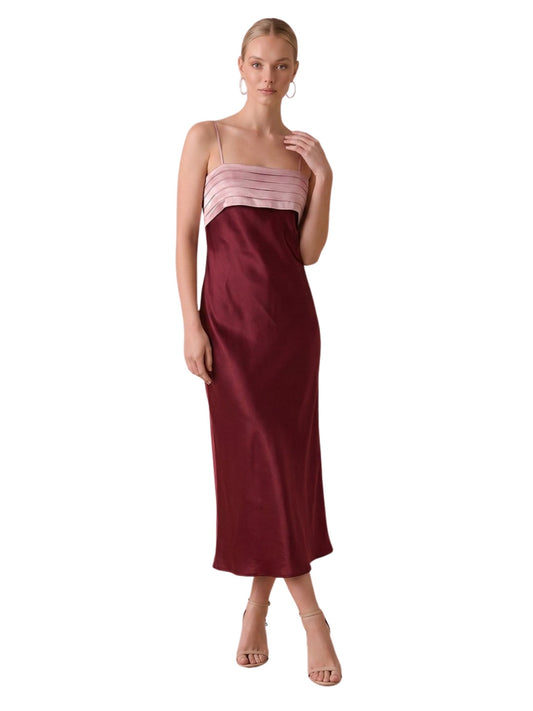 Color Block Pleated Detail Satin Midi Dress