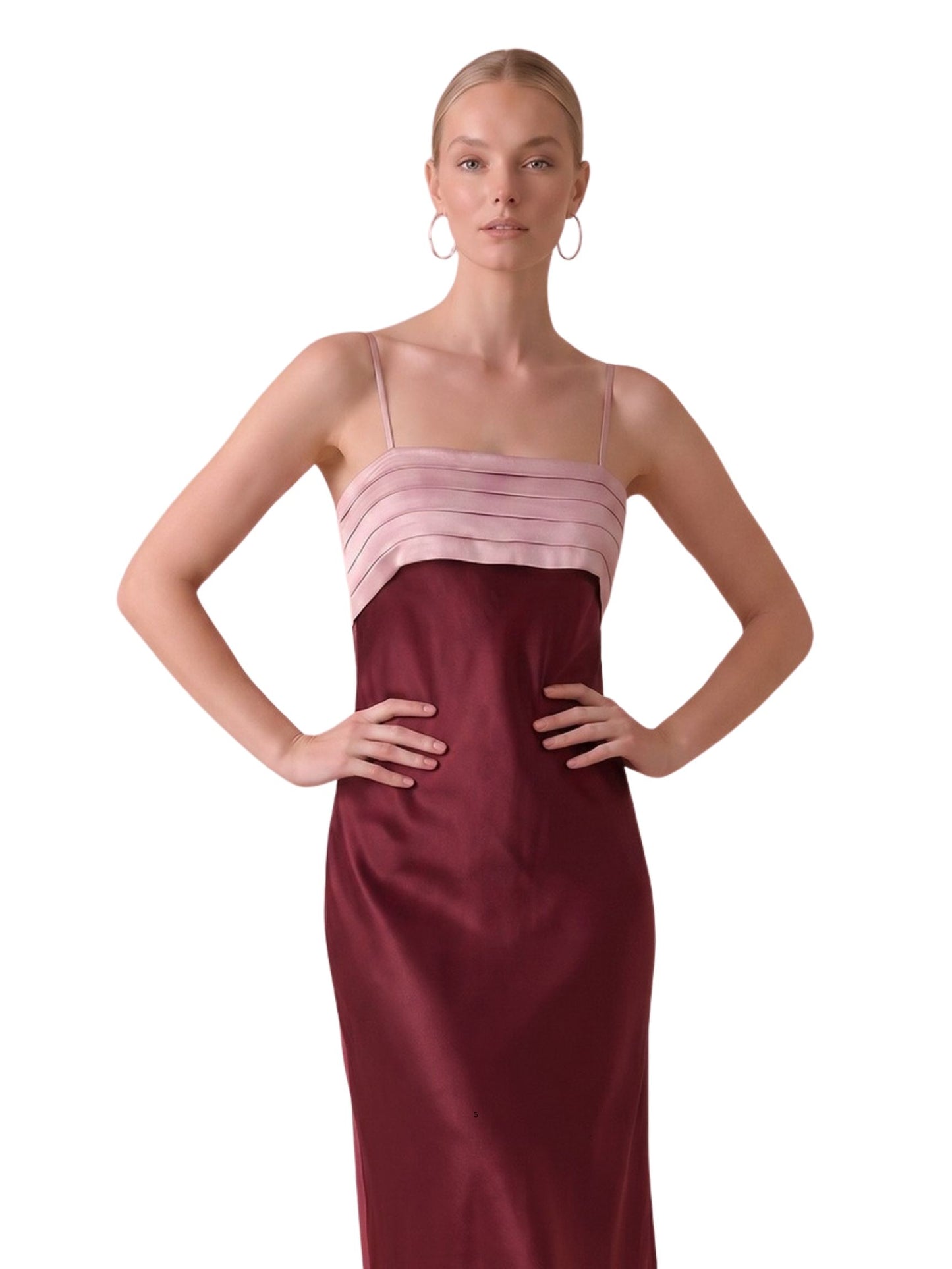 Color Block Pleated Detail Satin Midi Dress