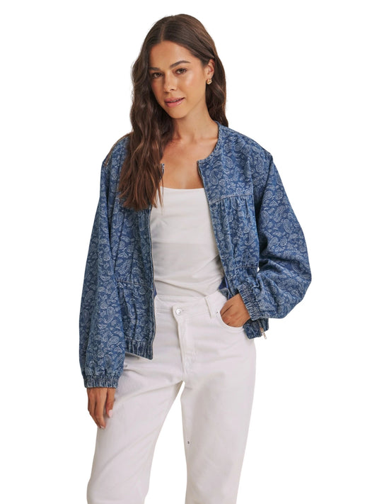 Heritage Inspired Paisley Denim Washed Bomber Jacket