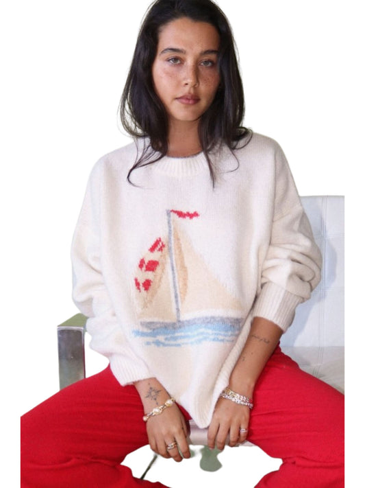 Sailboat Knit Fuzzy Sweater