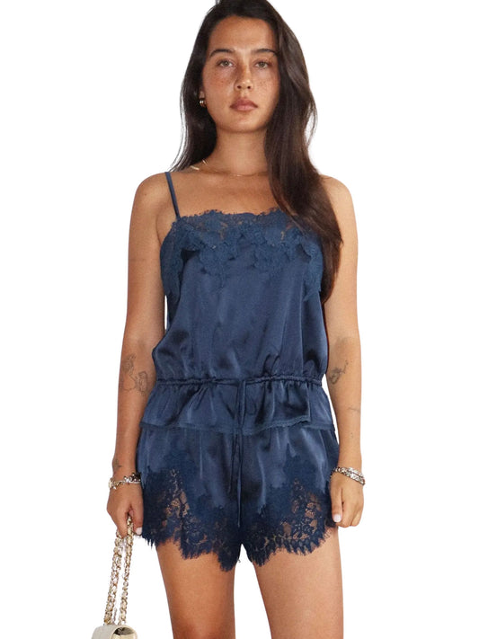 Navy Lace Trim Satin Top
