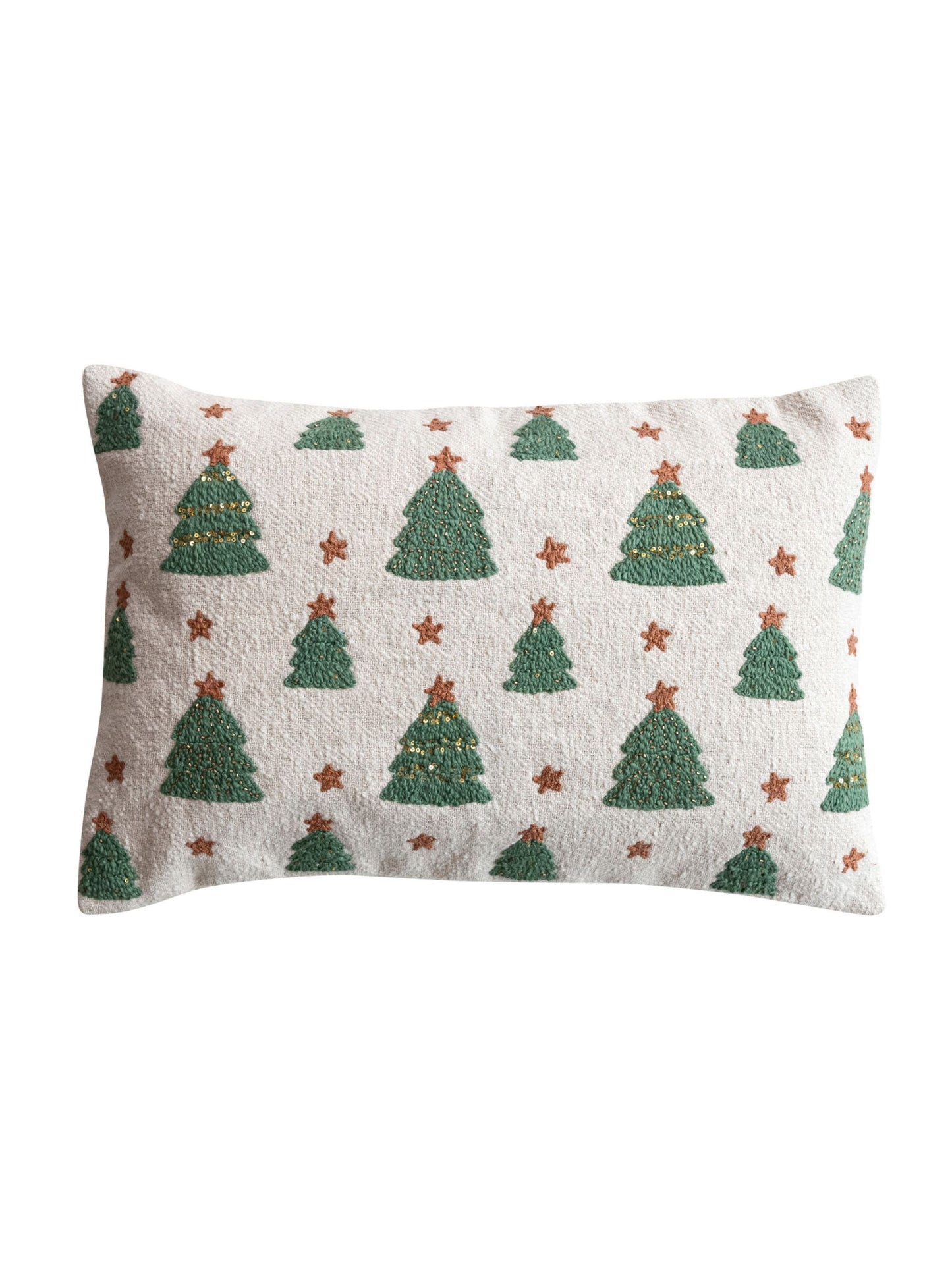 Woven Cotton Lumbar Pillow w/Tufted Christmas Trees - Embroidery & Beads (Pick Up Only)