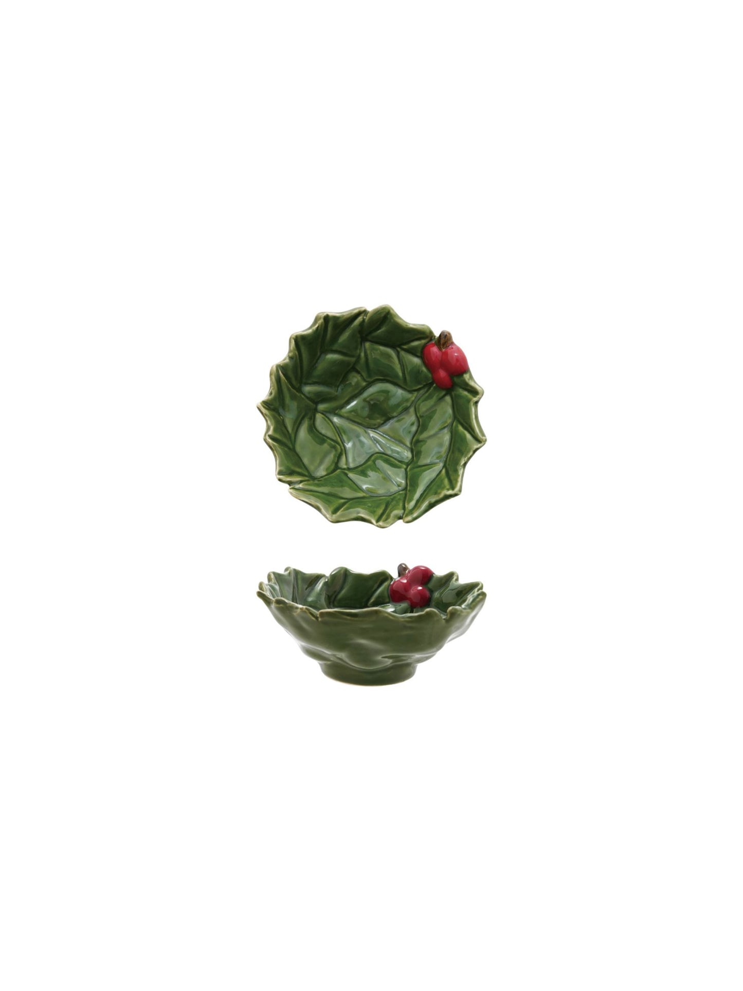 Hand-Painted Holly Leaves Shaped Bowl w/ Berries
