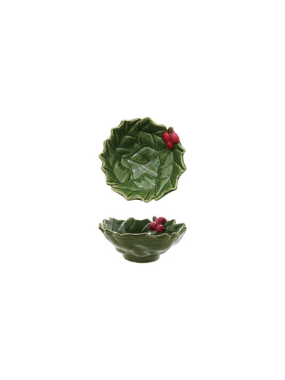 Hand-Painted Holly Leaves Shaped Bowl w/ Berries