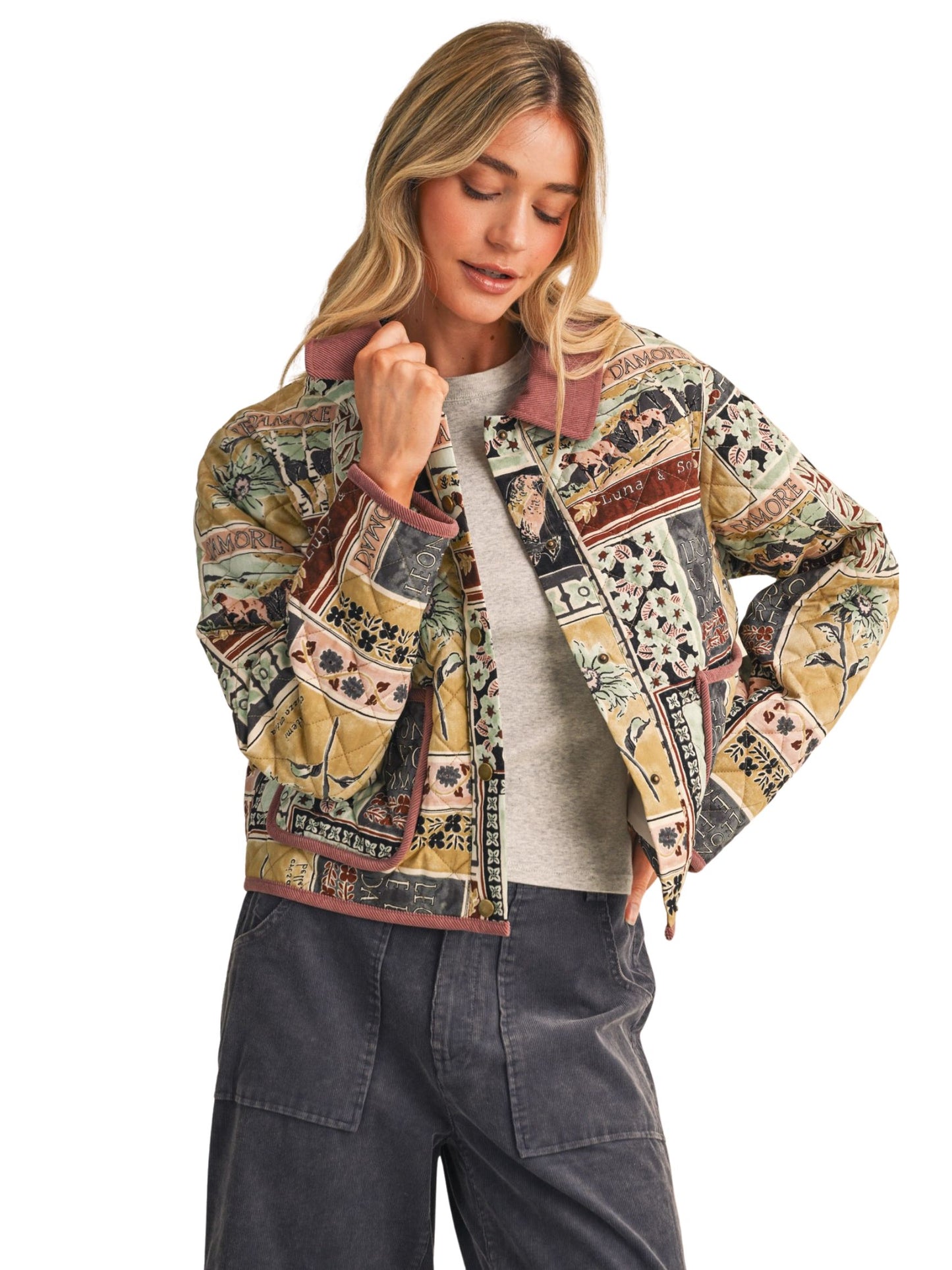 Exclusive Patch Print Quilted Jacket With Corduroy