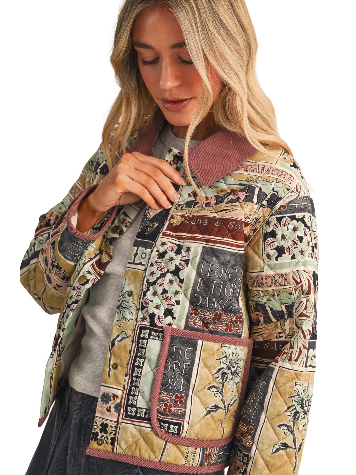 Exclusive Patch Print Quilted Jacket With Corduroy