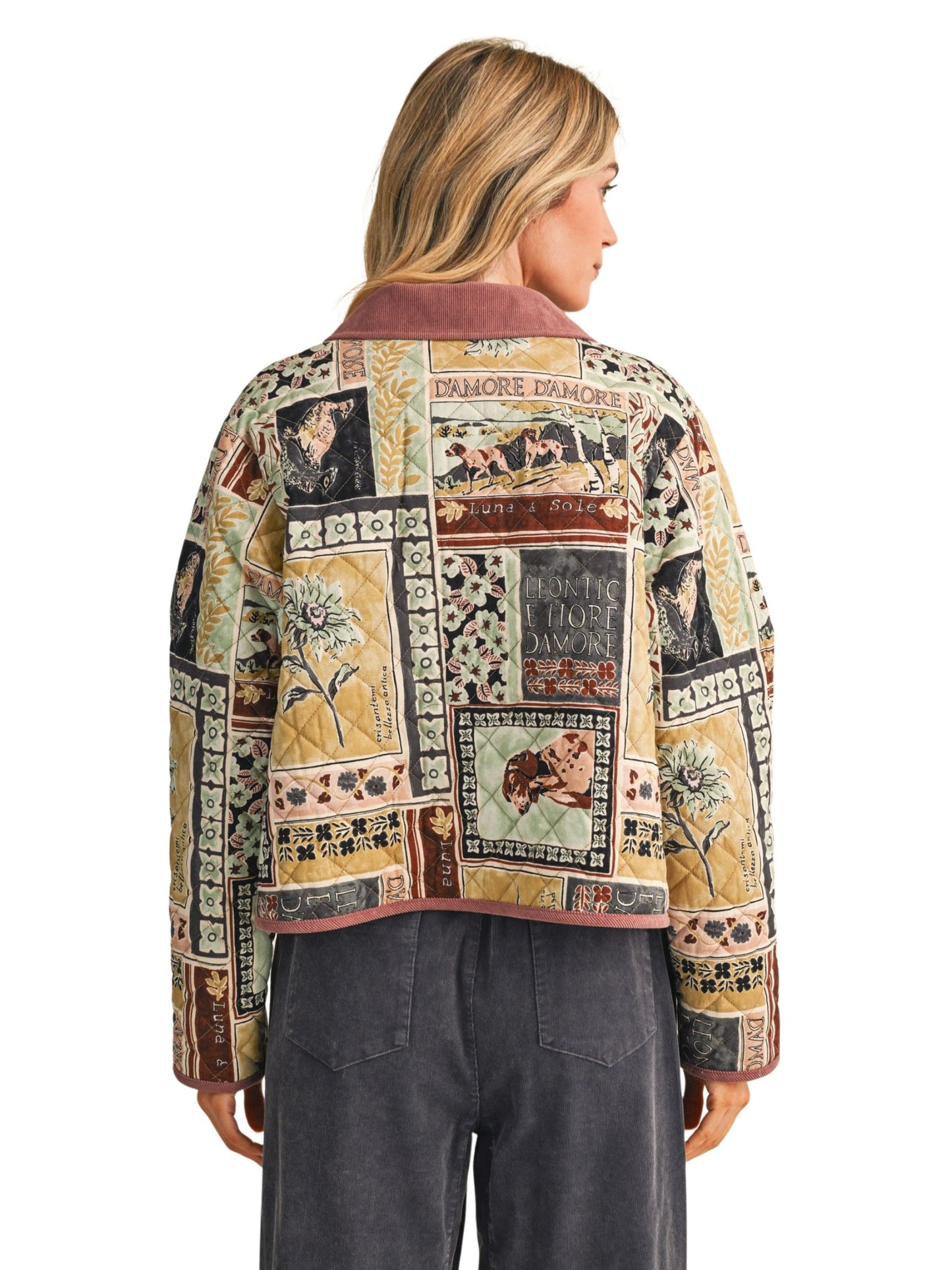 Exclusive Patch Print Quilted Jacket With Corduroy