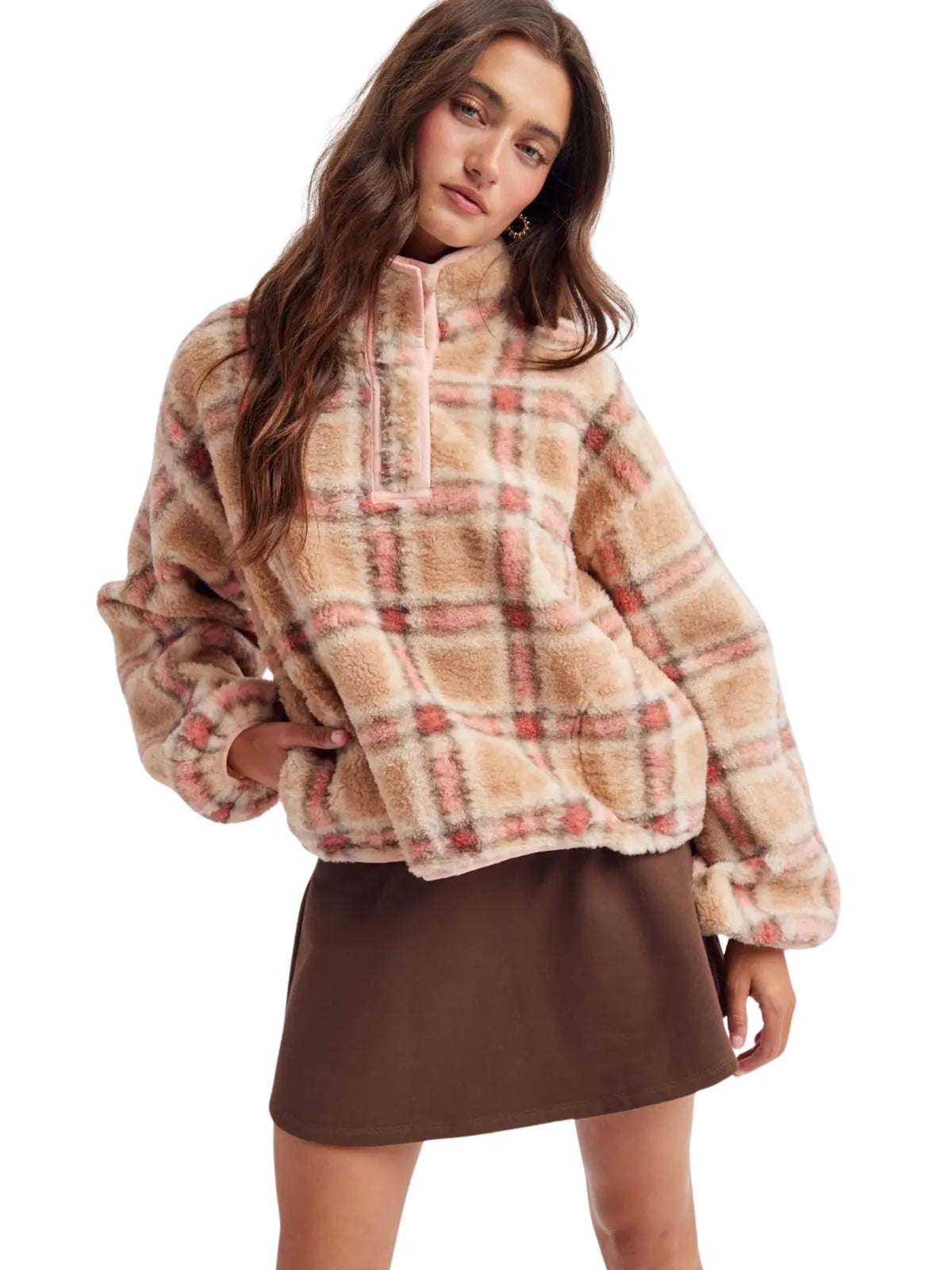 Plaid Sherpa Fleece Snap Pullover