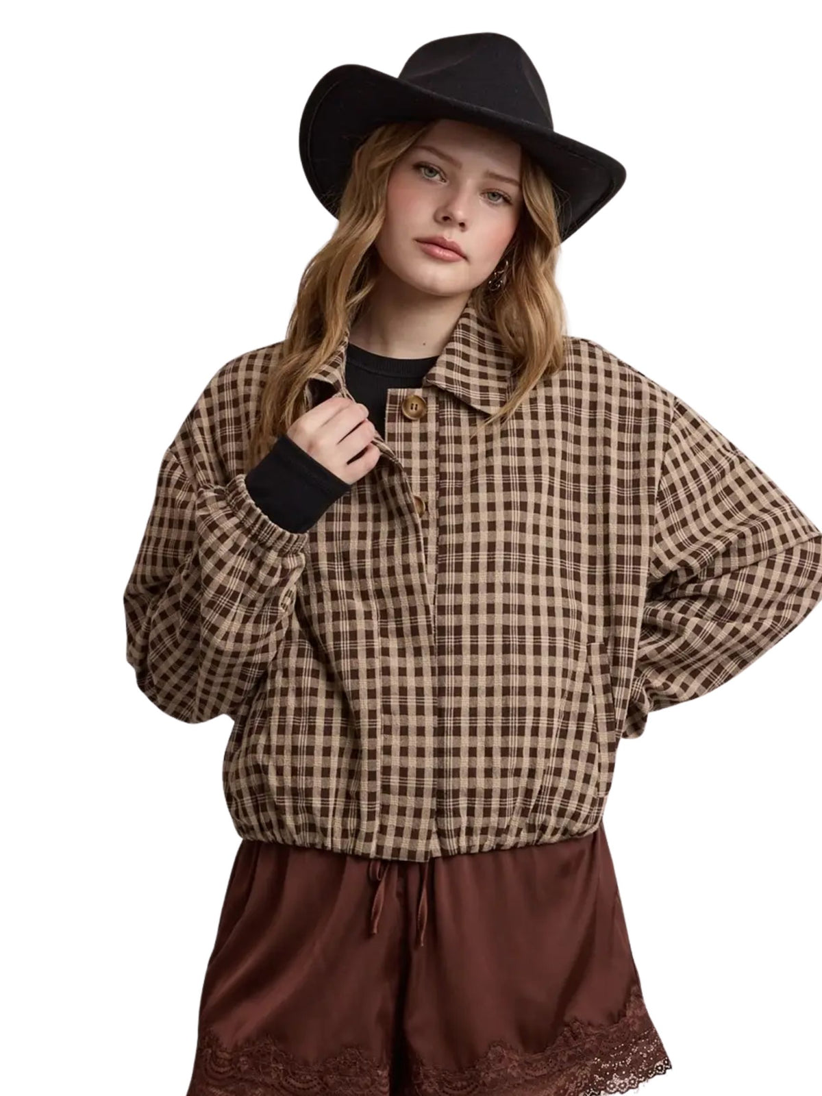 Gingham Cropped Bomber Jacket