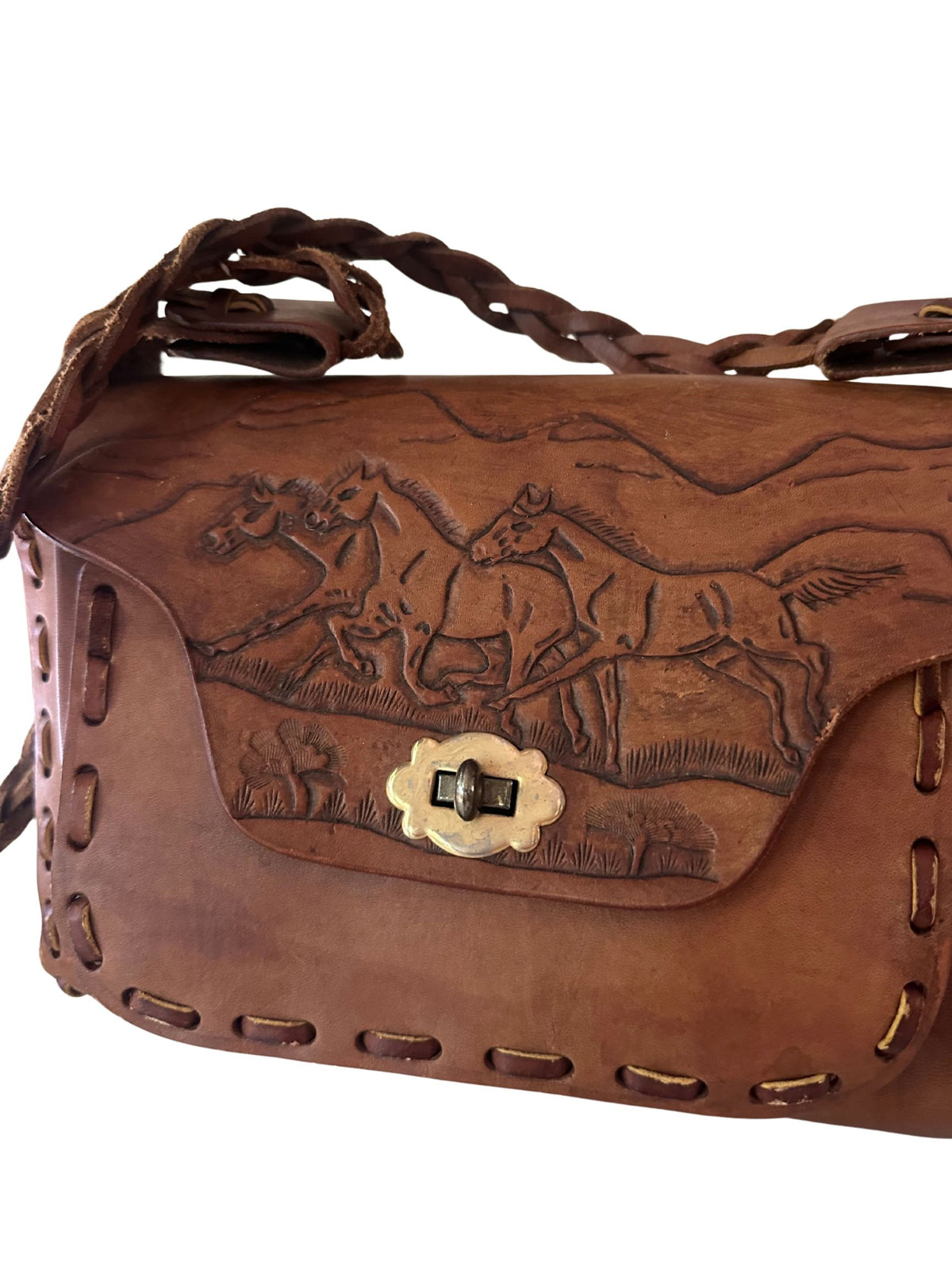 Vintage Tooled Leather Horse Shoulder Bag