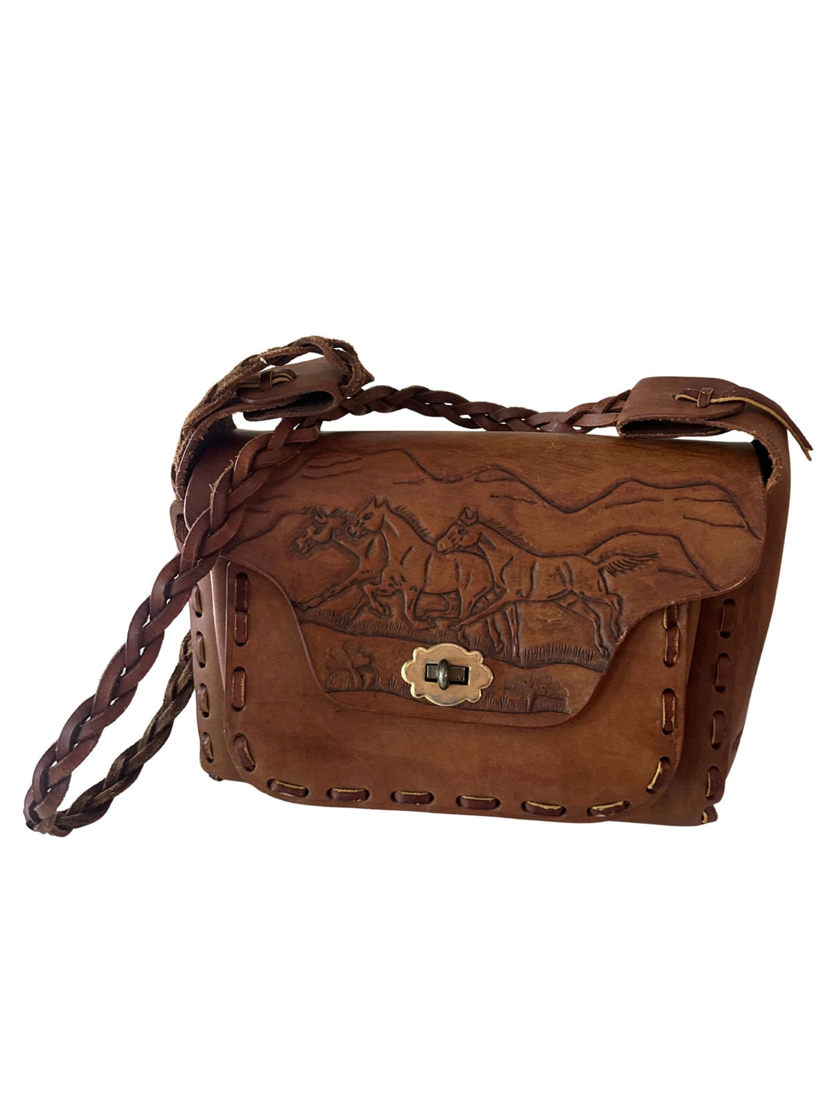 Vintage Tooled Leather Horse Shoulder Bag