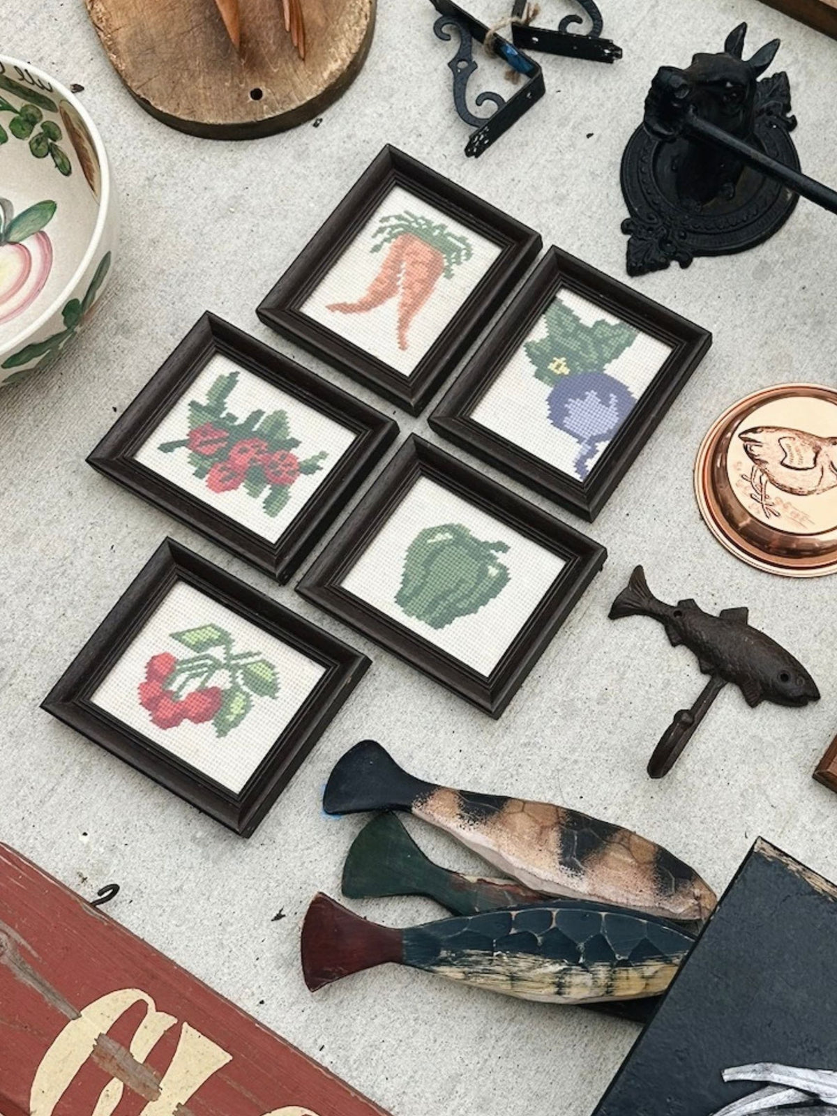 Vintage Framed Vegetable Needlepoint Wall Hanging