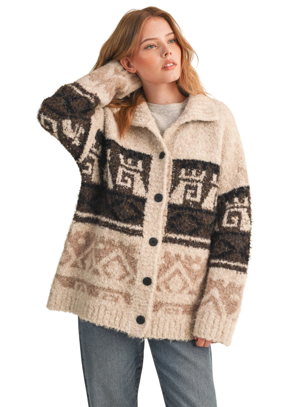 Marled Fuzzy Knit Button Down Sweater Cardigan
