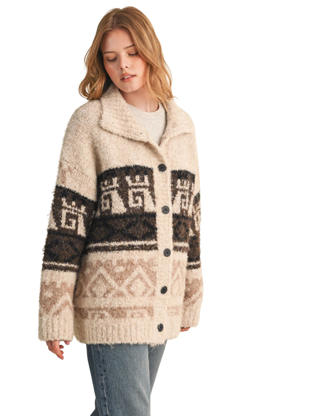 Marled Fuzzy Knit Button Down Sweater Cardigan