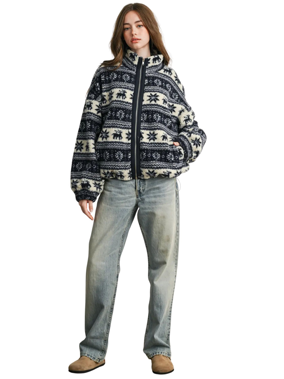Fair Isle Sherpa Fleece Zip Jacket