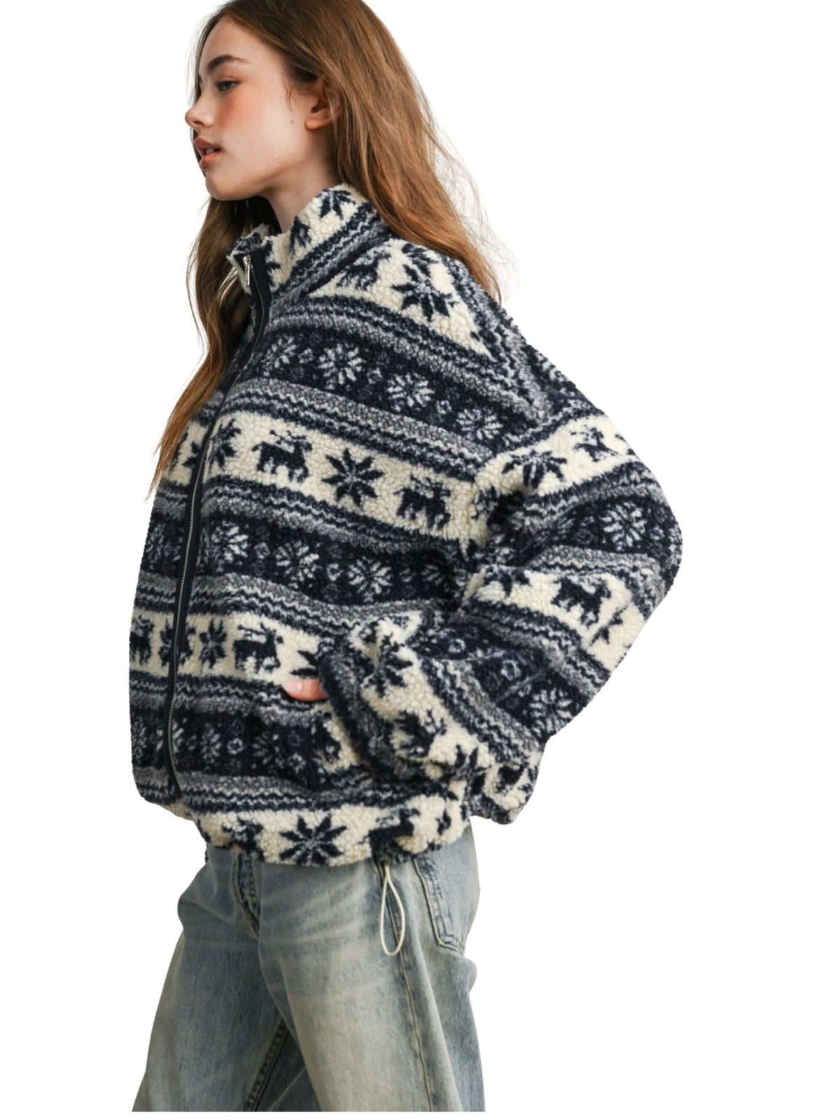 Fair Isle Sherpa Fleece Zip Jacket