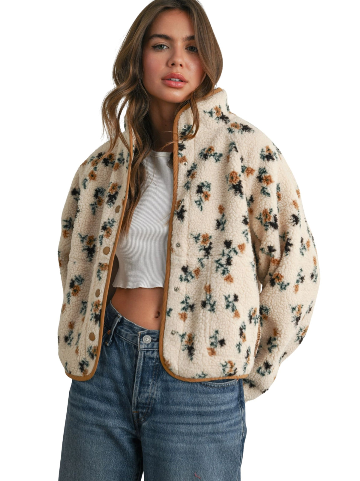 Floral Print Fluffy Fleece Jacket