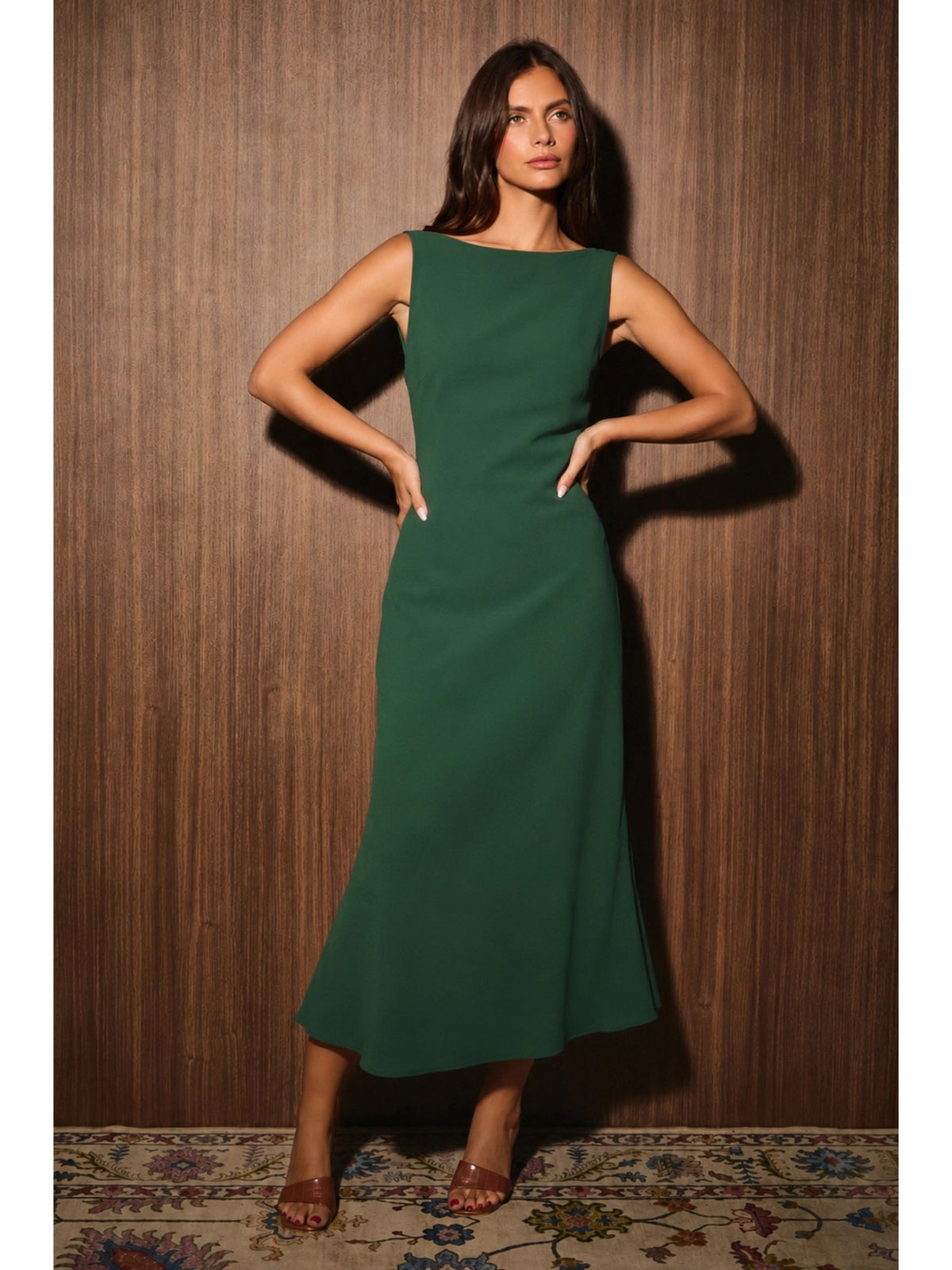 Boat Neck Cowl Back Bias Cut Midi Dress