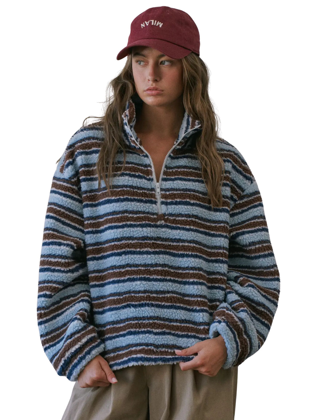 Cozy Stripe Sherpa Half Zip Pullover