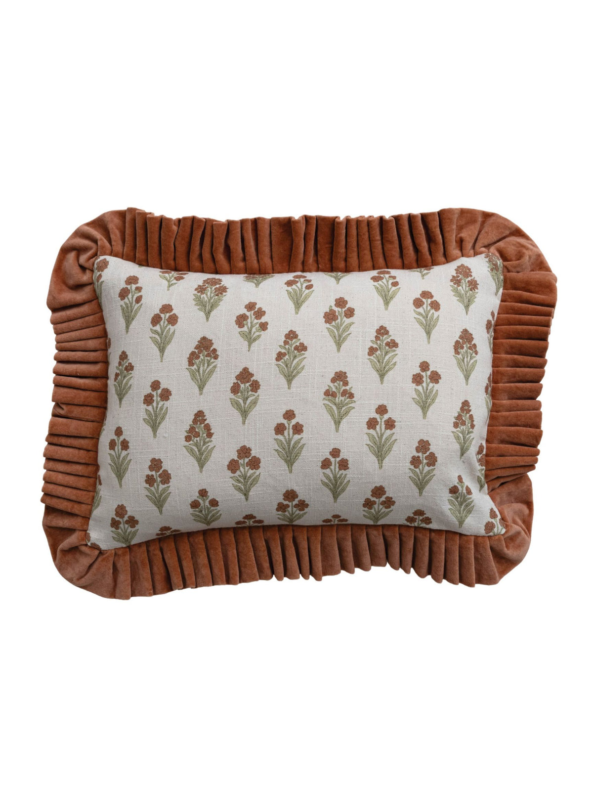 Cotton Slub Printed Lumbar Pillow w/ Velvet Ruffle