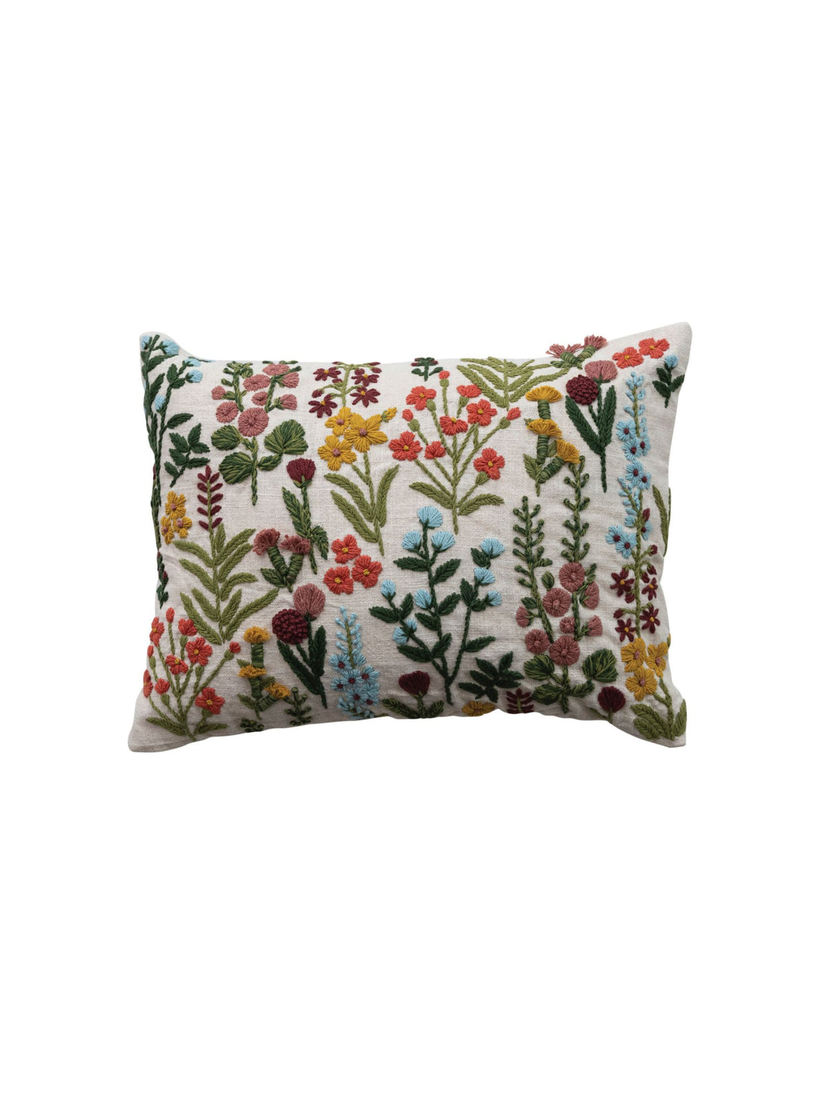 Cotton Slub Lumbar Pillow with Hand-Embroidered Flowers