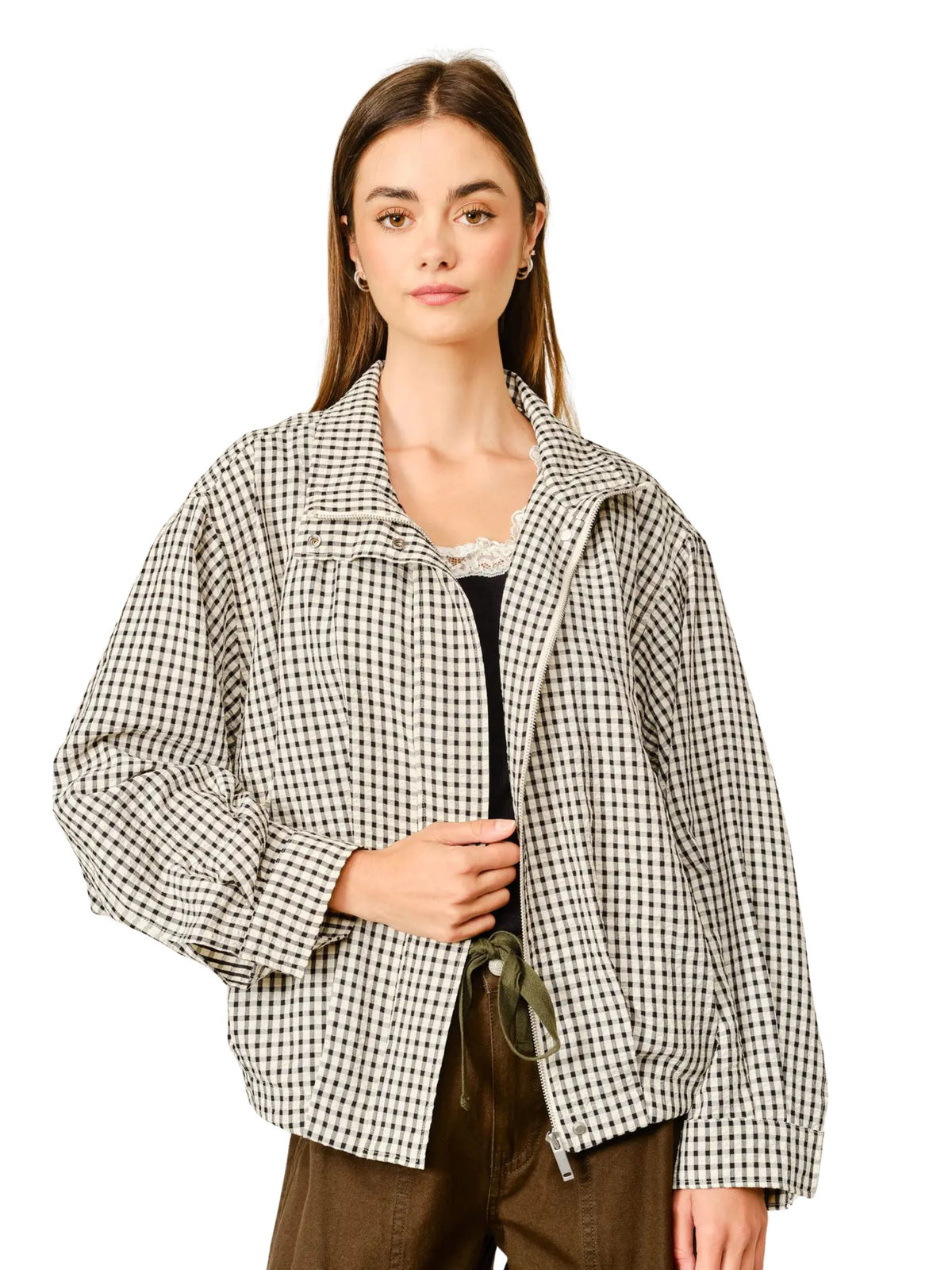 Plaid Funnel Neck Bomber Jacket