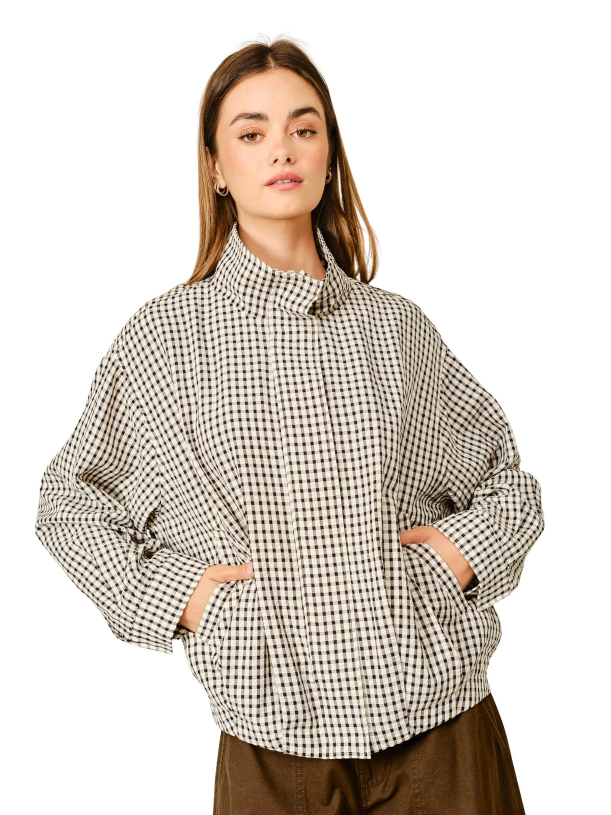 Plaid Funnel Neck Bomber Jacket