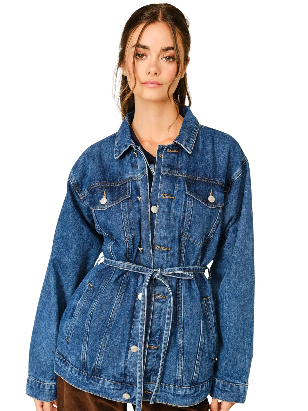 Double Placket Belted Denim Jacket