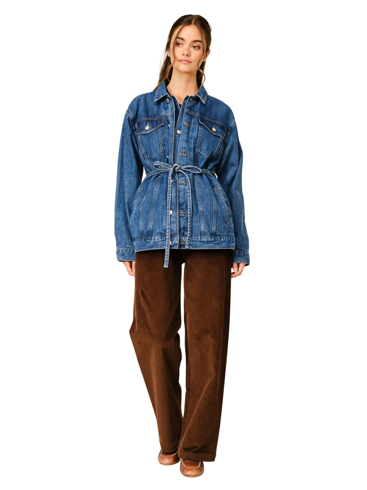 Double Placket Belted Denim Jacket