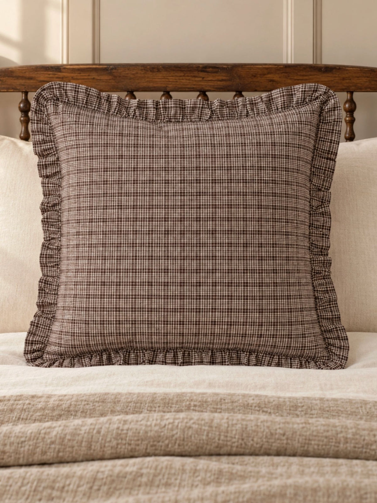 Coffee Brown Plaid Ruffled Euro Pillow