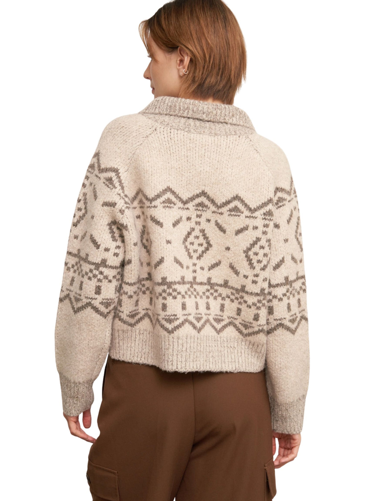 Mock Neck Fair Isle Printed Sweater Cardigan