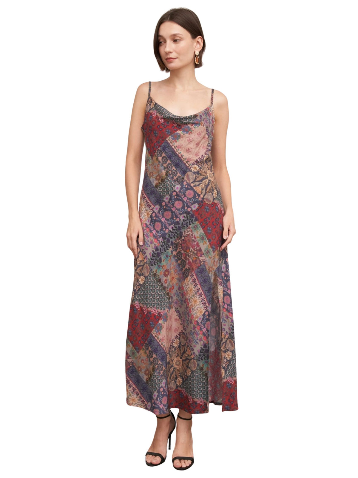 Patchwork Fabric Cowl Neck Midi Dress