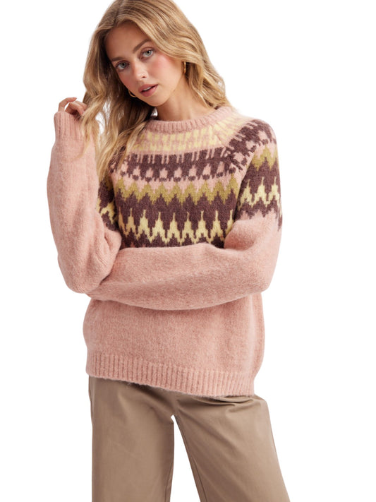 Fair Isle Crew Neck Long Sleeve Sweater - Pink