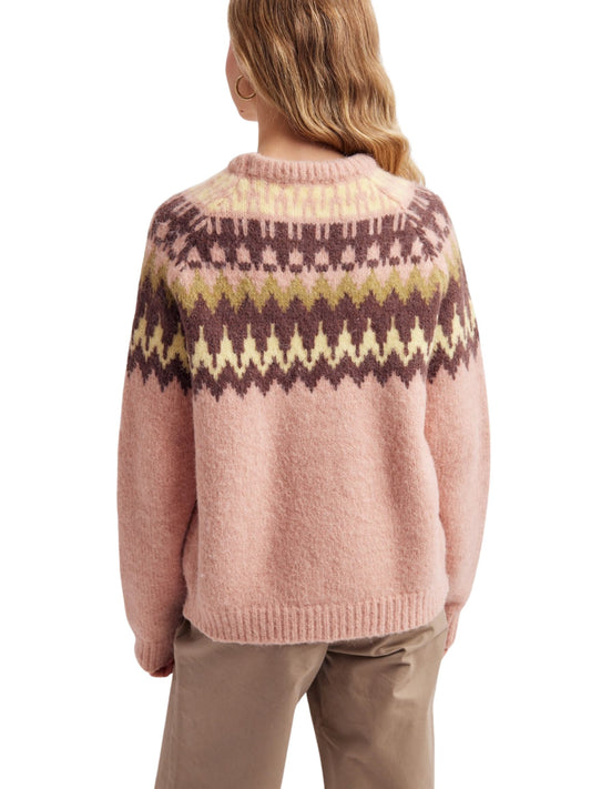 Fair Isle Crew Neck Long Sleeve Sweater - Pink