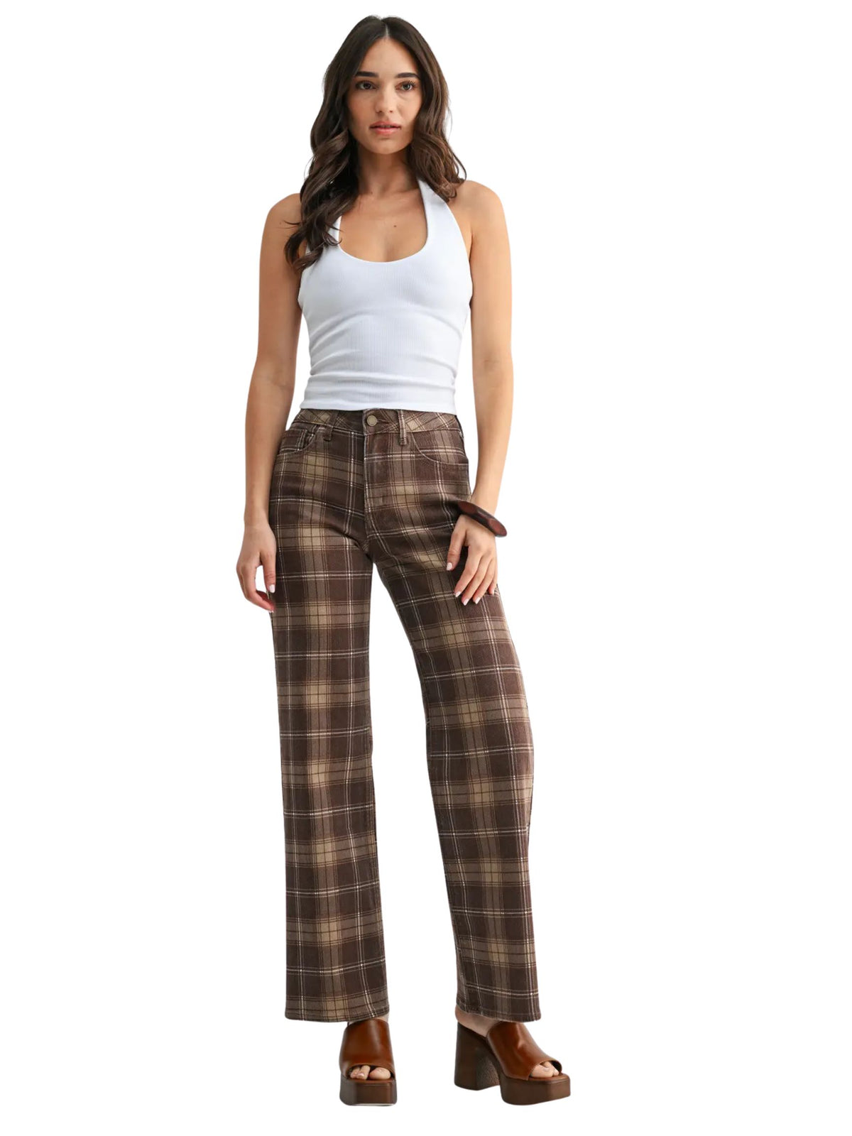 High Rise Full Length Straight Jean - Brown Plaid