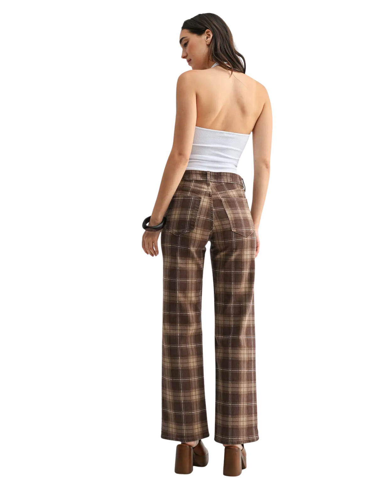 High Rise Full Length Straight Jean - Brown Plaid