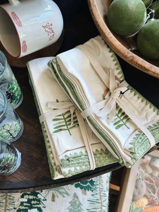 Cotton Napkins w/ Embroidered Tree & Edge