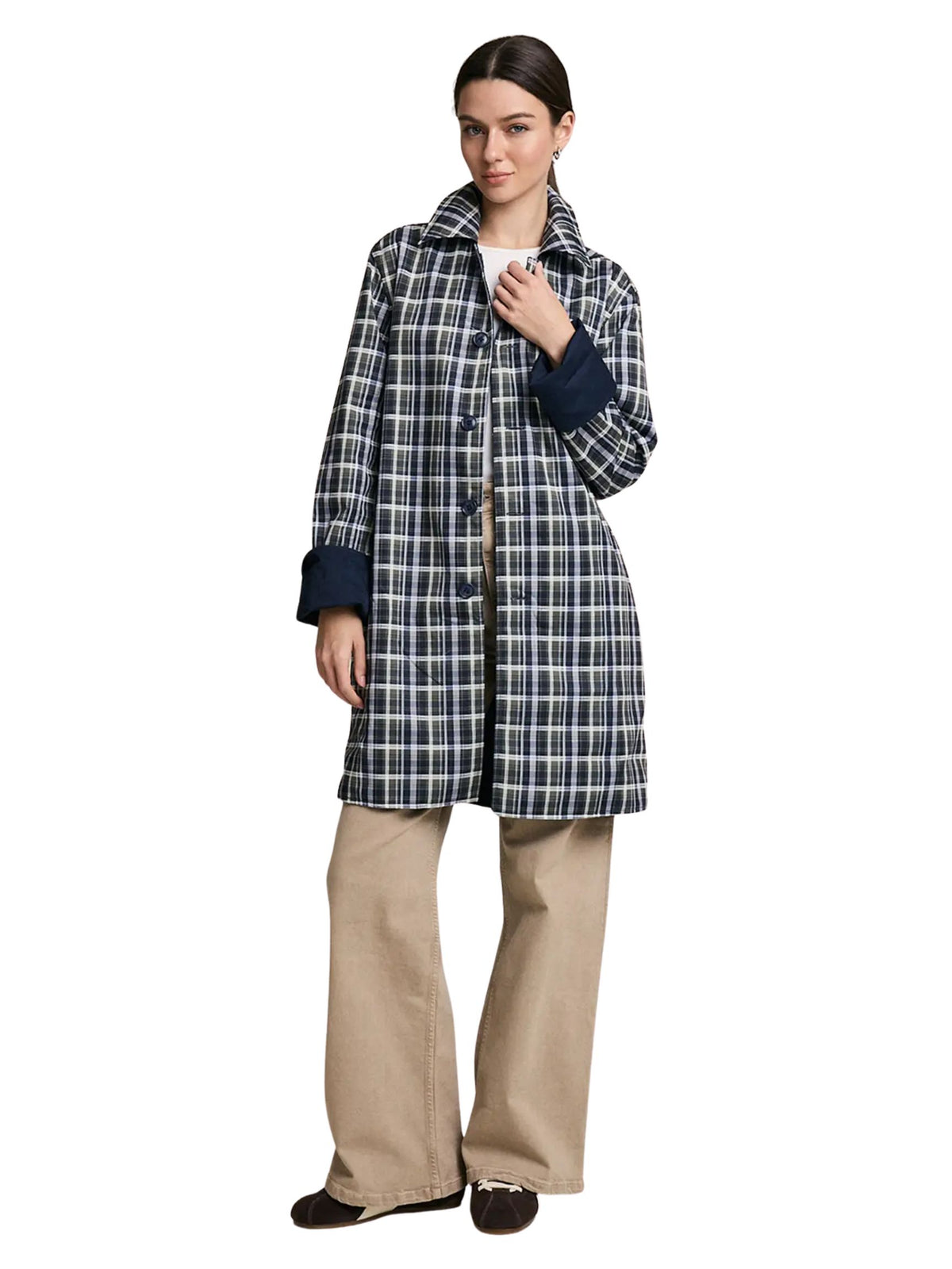 Reversible Plaid Lining Trench Jacket