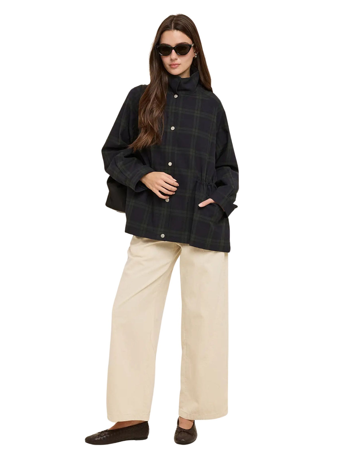 Plaid Stand Collar Drawstring Utility Jacket