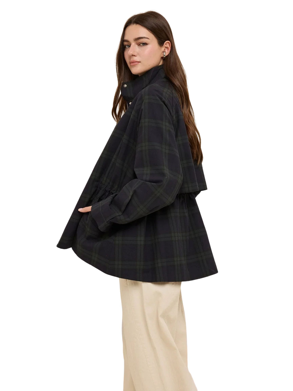 Plaid Stand Collar Drawstring Utility Jacket