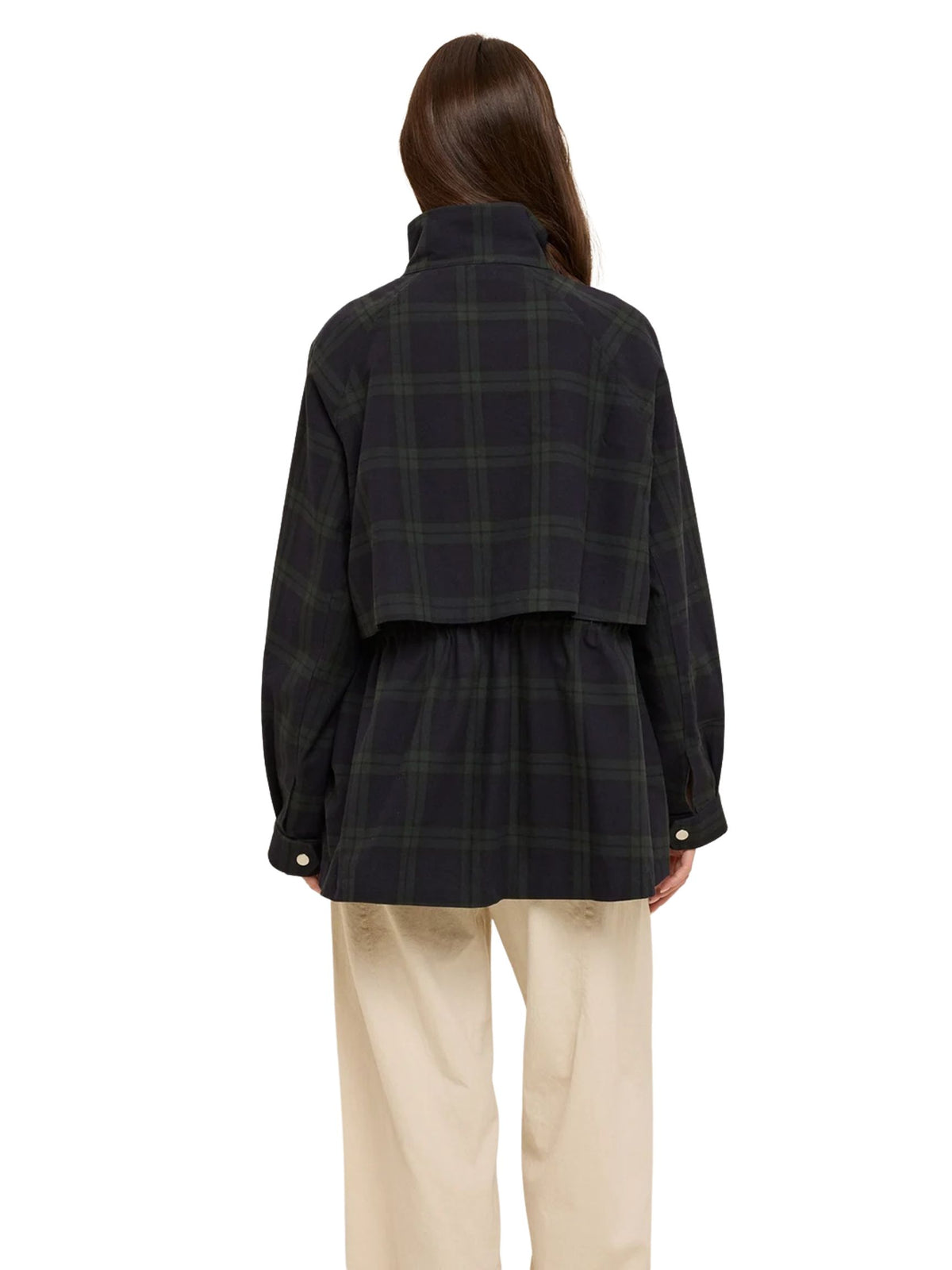 Plaid Stand Collar Drawstring Utility Jacket