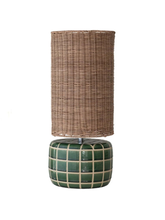 Ceramic Tiled Table Lamp with Hand-Woven Rattan Shade - Pick Up Only