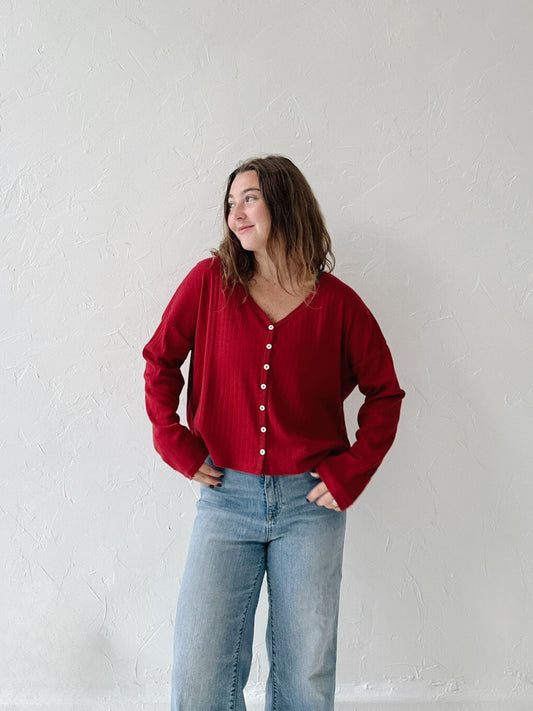 Red Pointelle Button Down