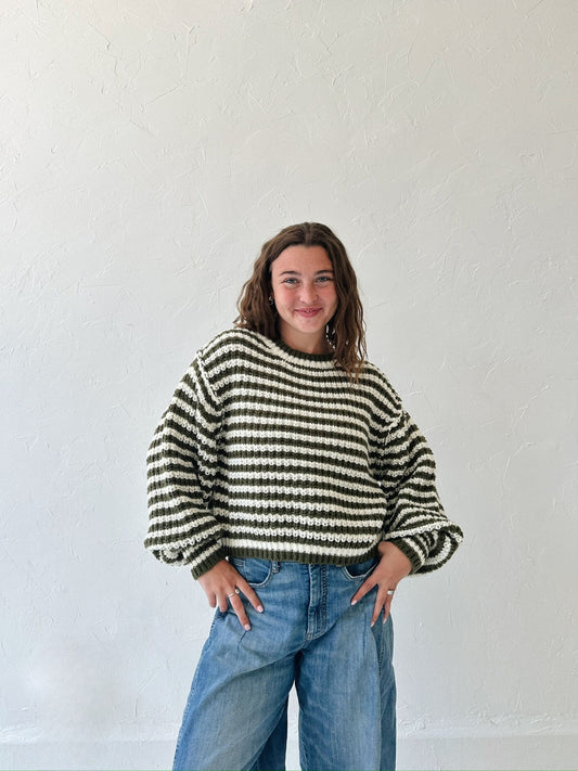 Striped Cropped Knit Sweater - Olive