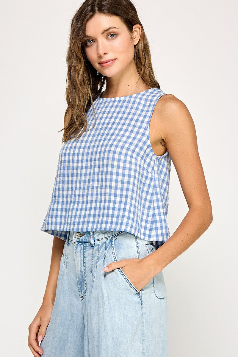 Gingham Linen Scoop Neck Tank