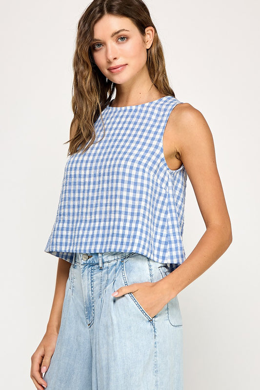 Gingham Linen Scoop Neck Tank
