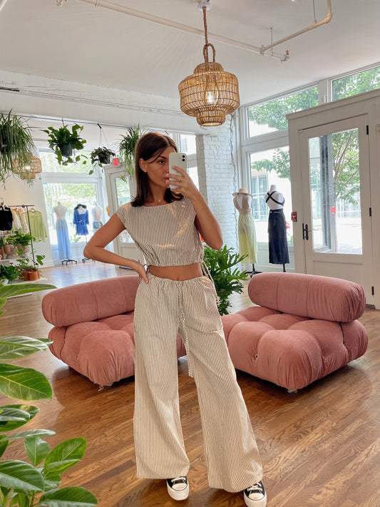 Beige Linen Stripe Pants