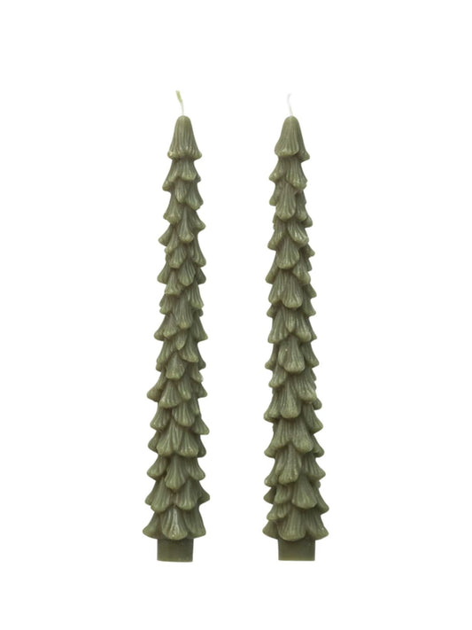Green Unscented Tree Shaped Taper Candles, Set of 2